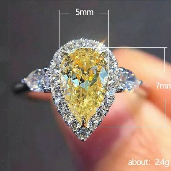 Yellow Pear Cut Sapphire & Clear White Baguette Diamond Cocktail Ring 925 Silver - Picture 3 of 5